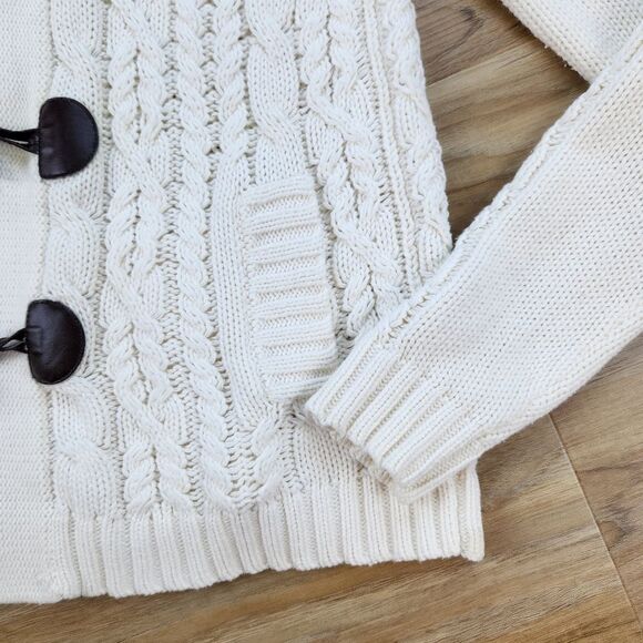 💜Caslon Ivory Cable Knit Button Hooded Long Sleeve Cardigan Medium - Picture 6 of 13